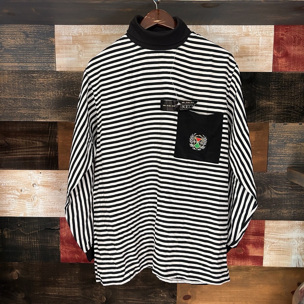 Bocci Men Striped Silk Turtleneck Shirt Long Sleeve Pocket 90s Black White M